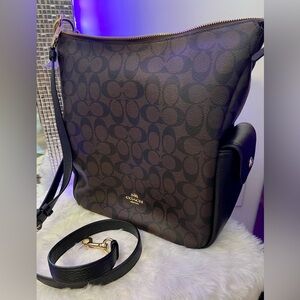 Coach Brown Black Signature Coated Canvas Shoulder Handbag Purse